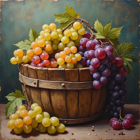 Rustic Grape Still Life Art Oil Painting Style Grapes Farmhouse Wall Decor Kitchen Vineyard Fruit Artwork