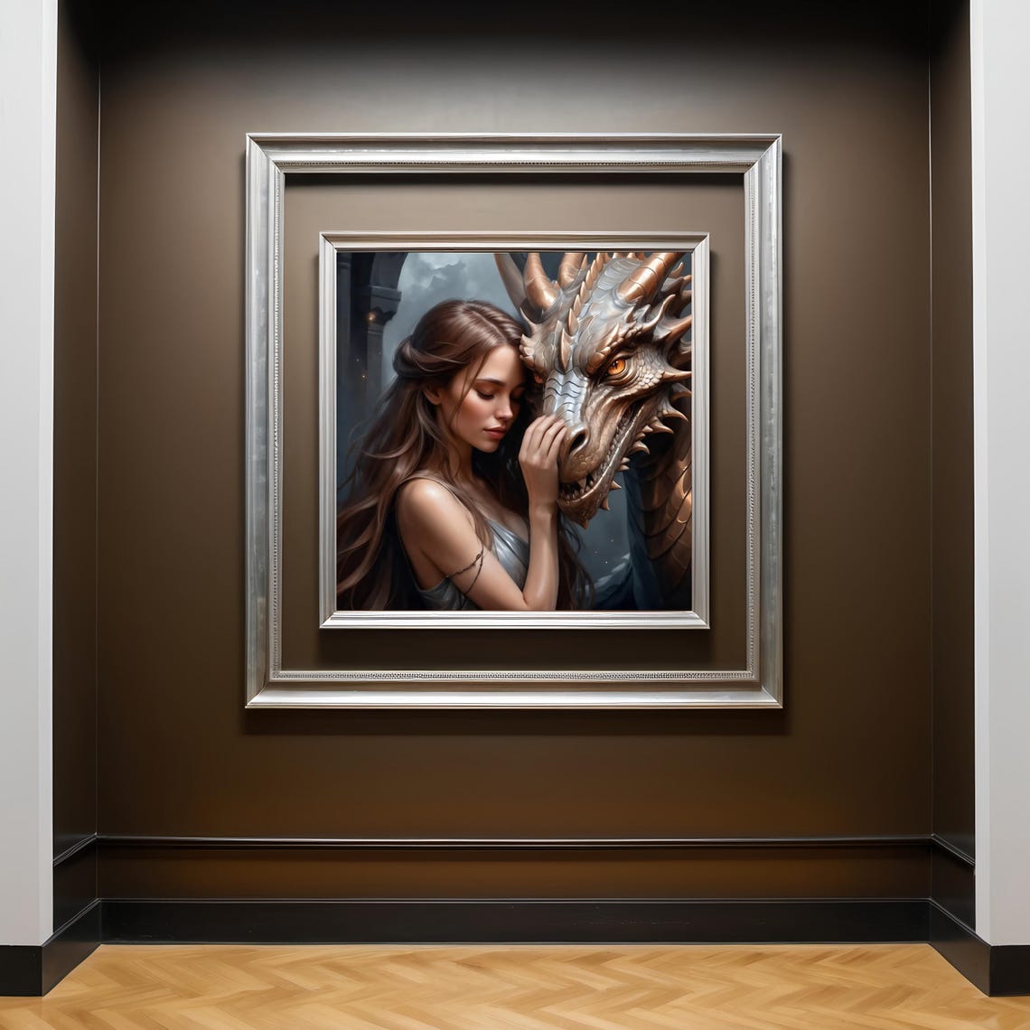 Brunette Woman Leaning On Bronze Dragon Stone Arch Fantasy Art Poster - Image 3