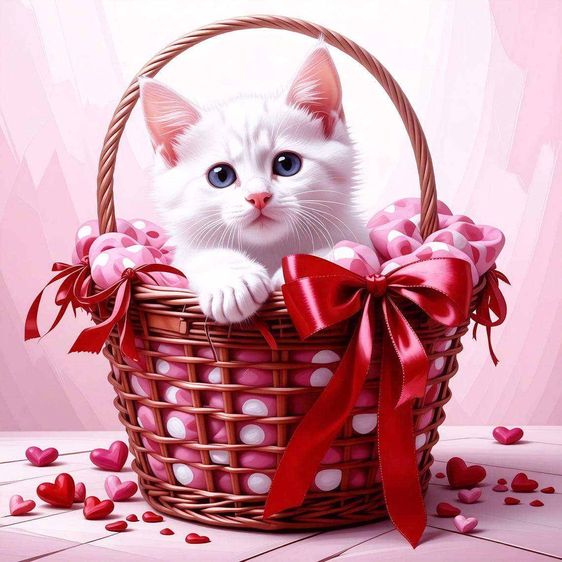 Cute White Kitten in Valentine Gift Basket with Hearts Wall Art