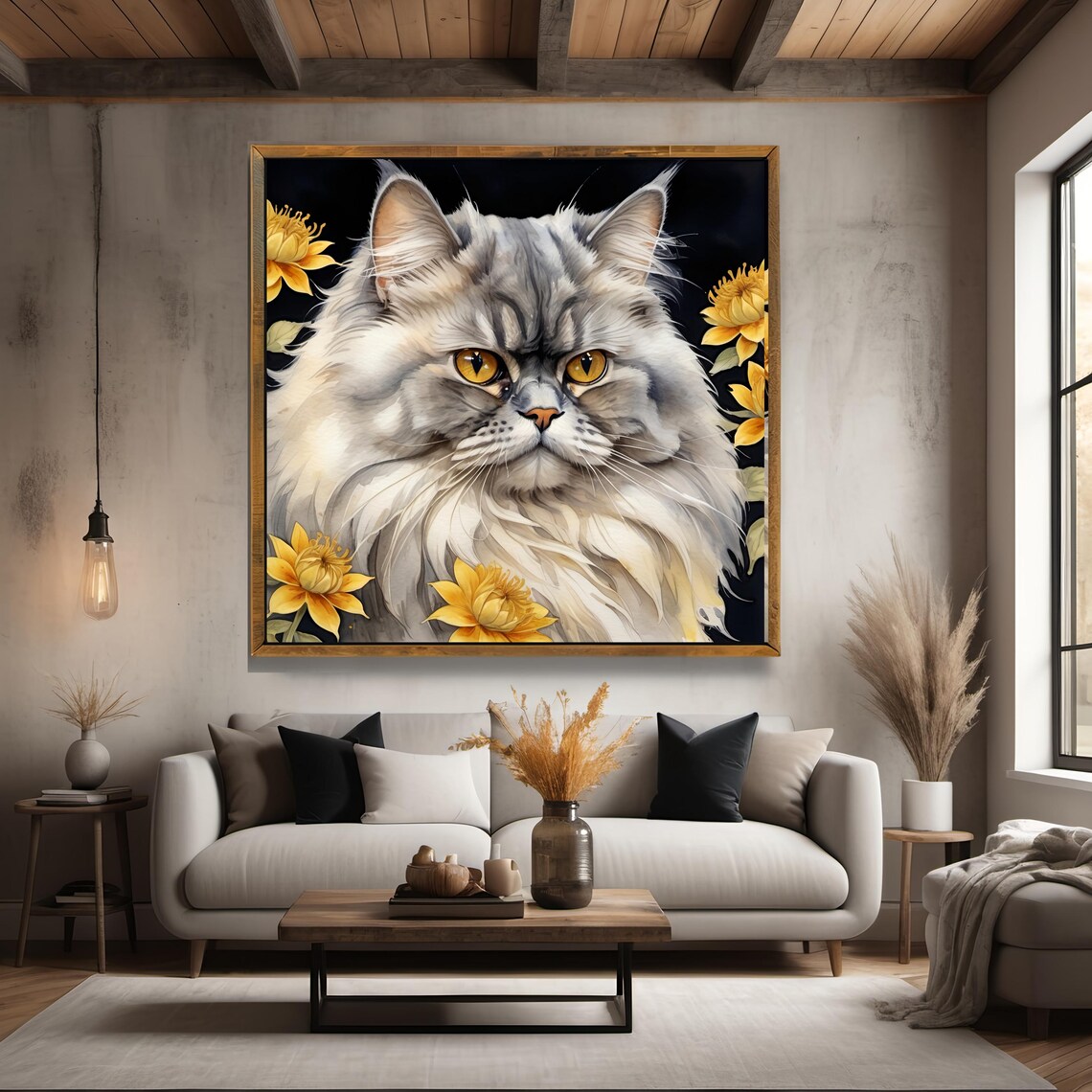 Fluffy Gray Cat Golden Eyes Floral Watercolor Portrait Art Print - Image 3