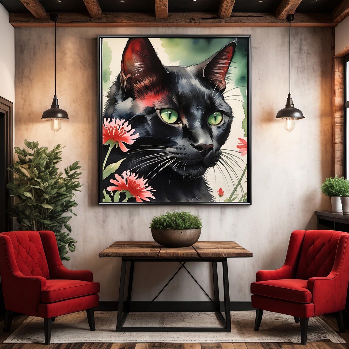 Black Cat Emerald Eyes Watercolor Red Floral Garden Art Print - Image 3