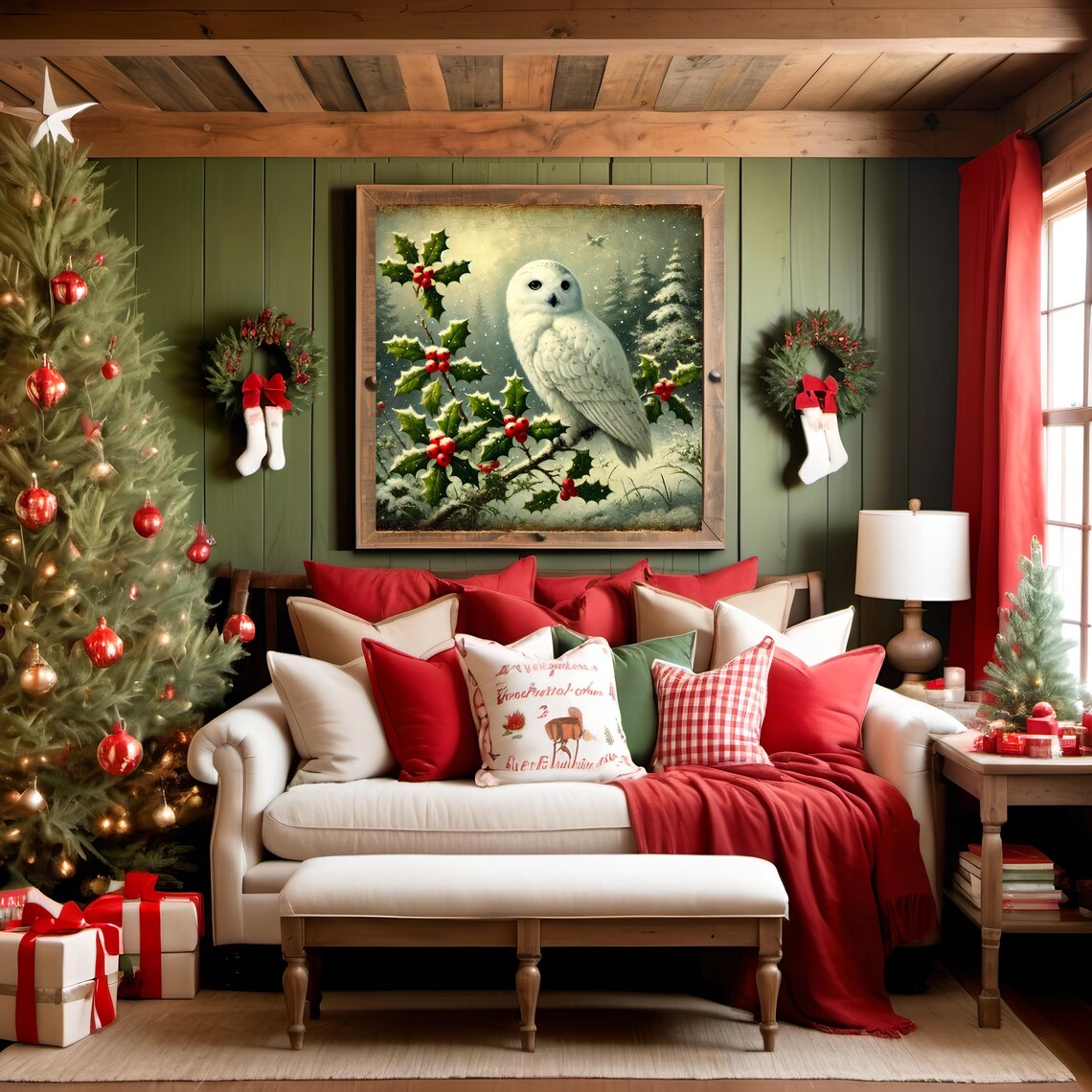 White Snowy Owl on Holly Vintage Winter Christmas Wall Art Print - Image 3