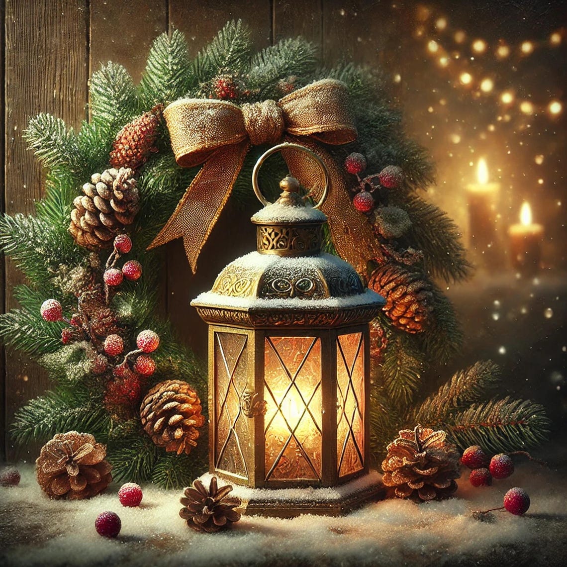 Snowy Pine Wreath Golden Bow Glowing Lantern Holiday Art Print