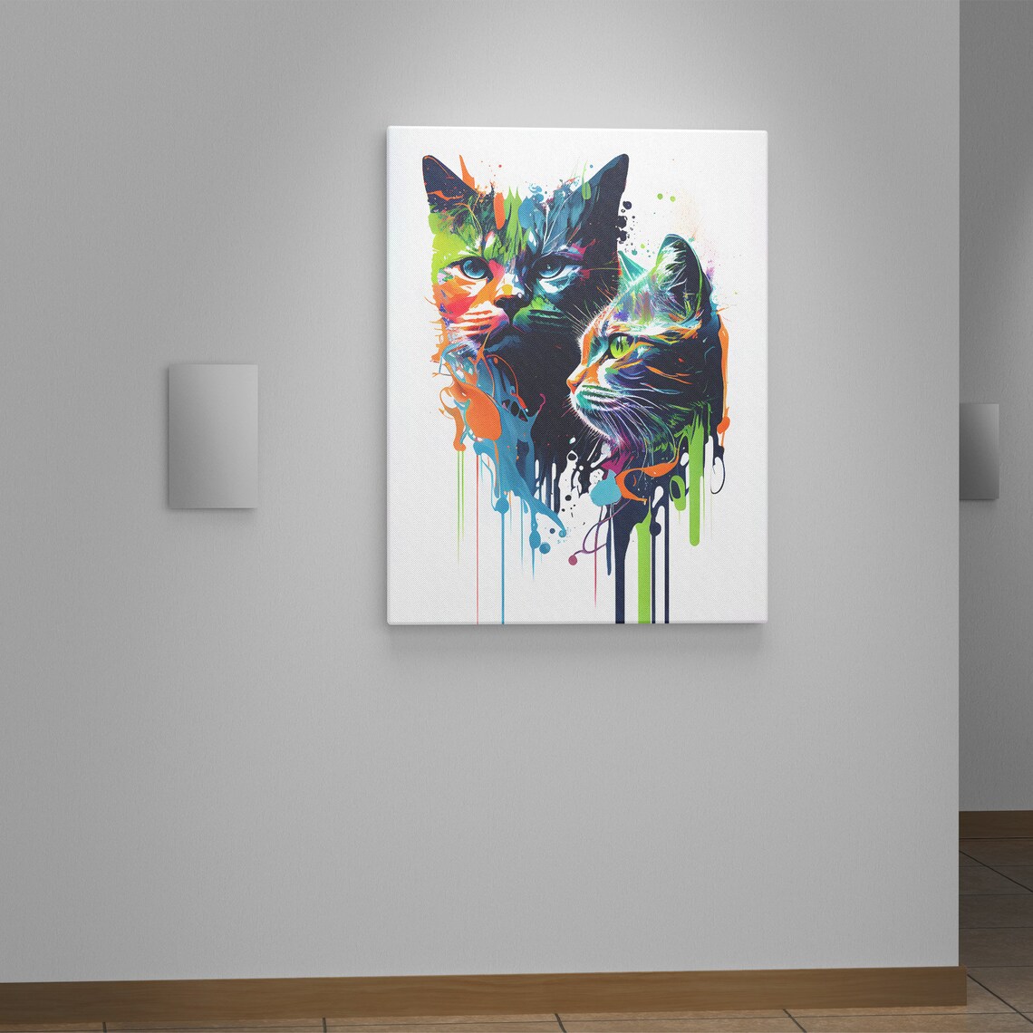 Pair of Cats Neon Watercolor Splash Double Modern Art Poster - Image 4