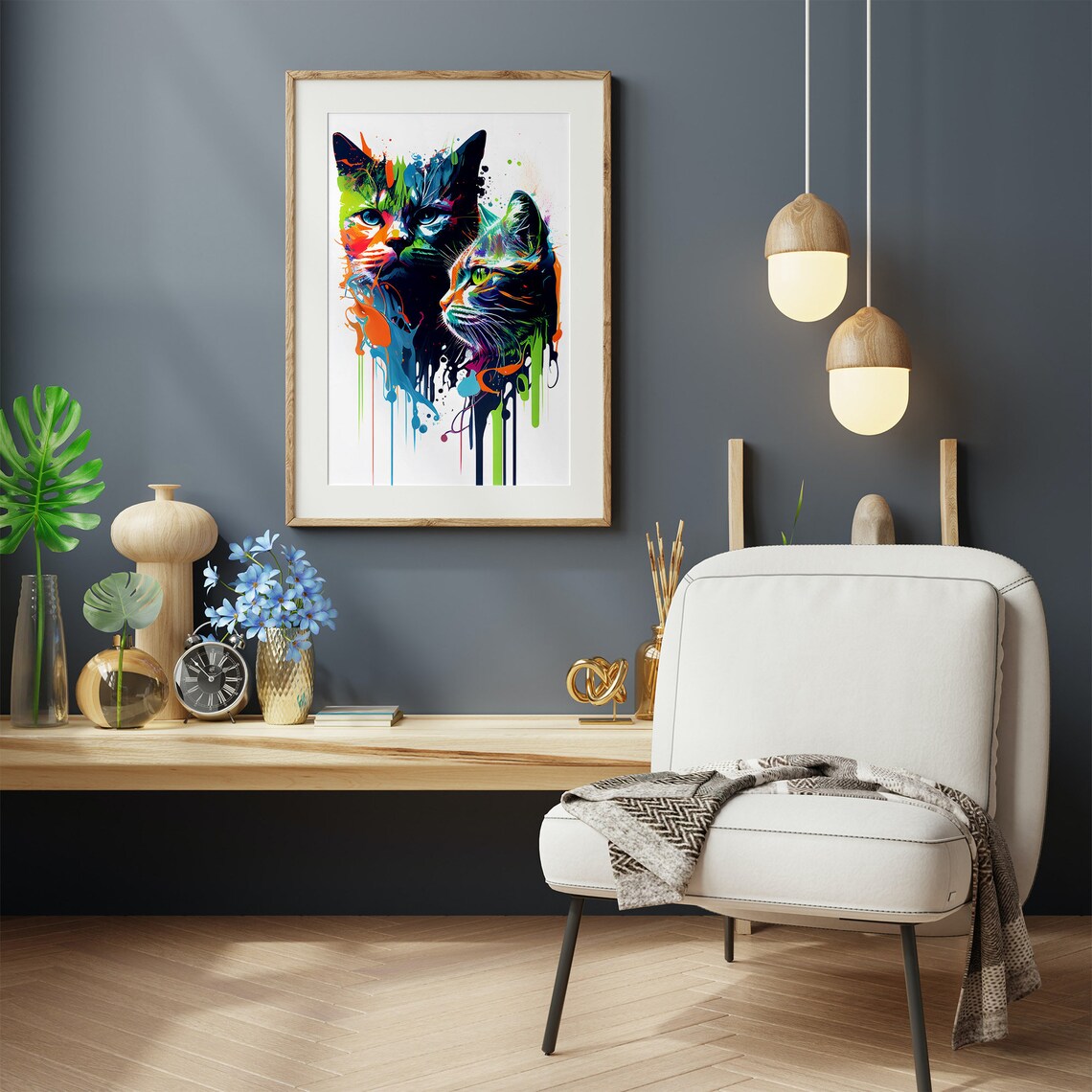 Pair of Cats Neon Watercolor Splash Double Modern Art Poster - Image 3