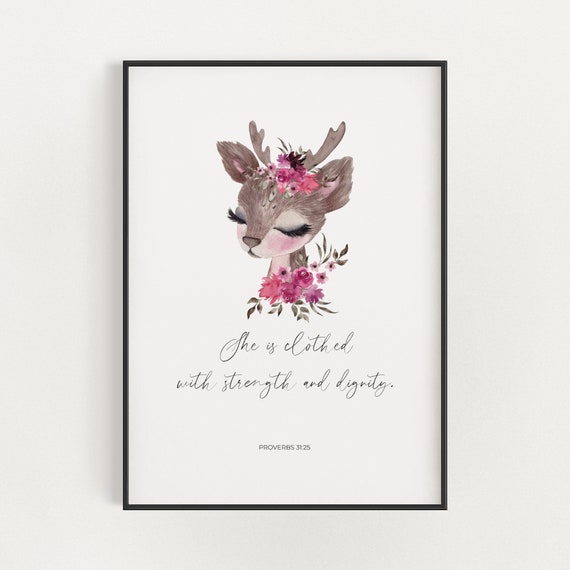 Proverbs 3125 She Is Clothed With Strength And Dignity Floral Christian Nursery Scripture Wall Art Decor For A Little Girls Room
