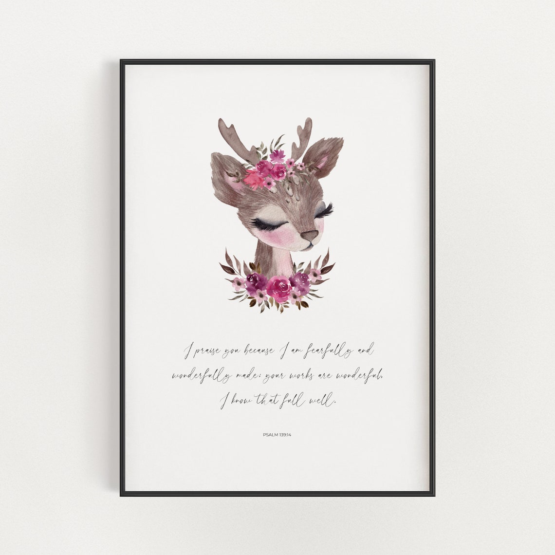Psalm 139:14 Floral Deer Fearfully Wonderfully Made Verse Poster