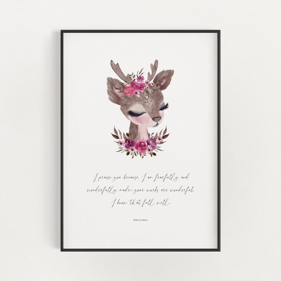 Psalm 13914 I Am Fearfully And Wonderfully Made Christian Nursery Bible Verse Wall Art Watercolor Floral Deer Scripture Art