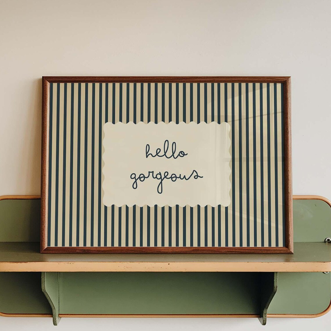 Hello Gorgeous Poster Print, Retro Blue Striped Decor