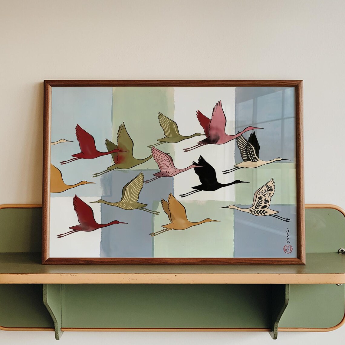 Flying Crane, Pastel Japandi Mid Century Art Print