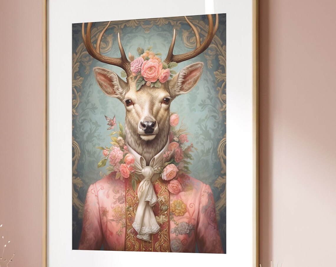 Deer with Flower Crown in Pink Rococo Brocade Coat Royal Portrait Poster
