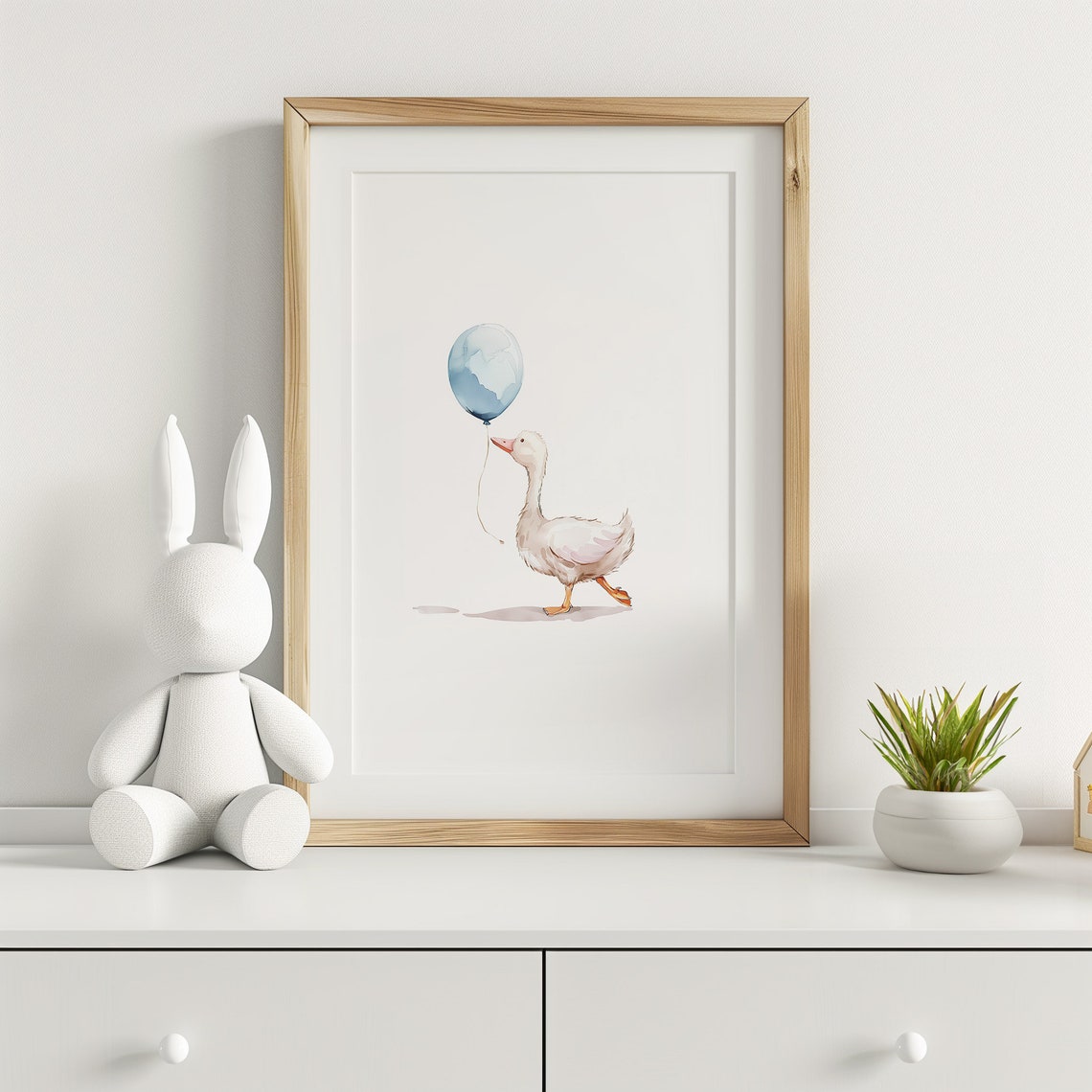 White Duck Blue Balloon Minimalist Baby Boy Nursery Watercolor Poster - Image 3