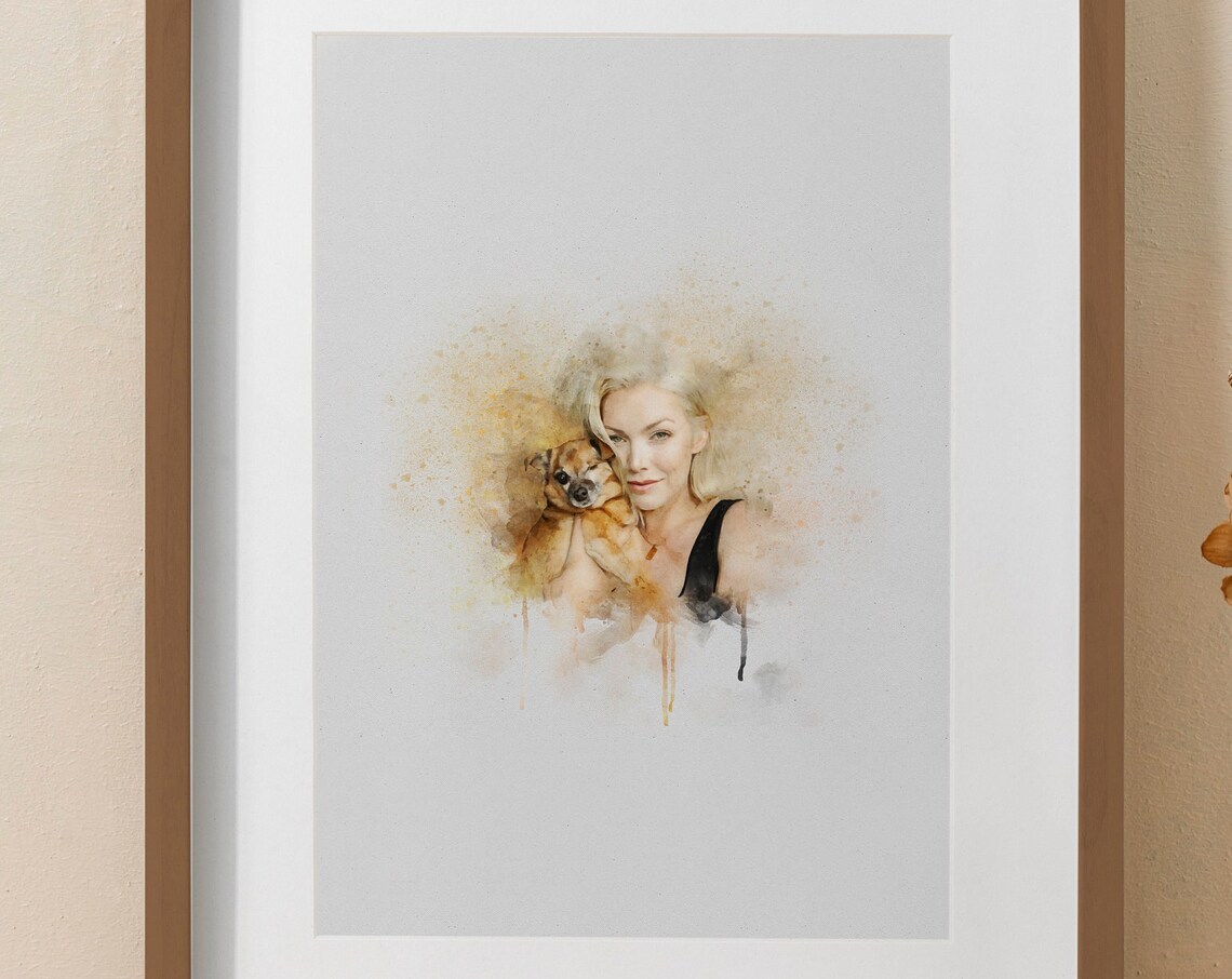 Custom Mini Watercolor Pet Portrait Woman And Dog Framed Art Poster