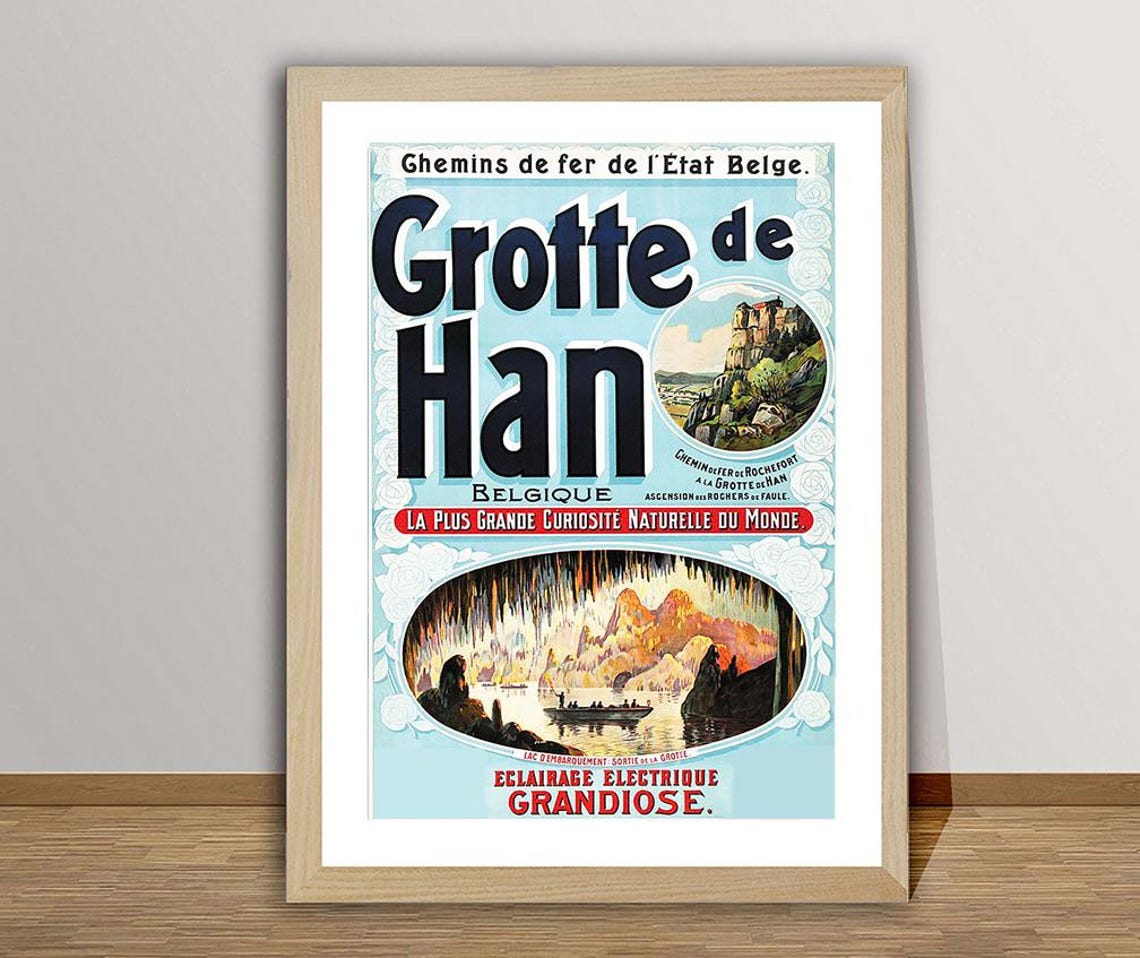 Grotte de Han Belgium Vintage Railway Cave Art Travel Poster