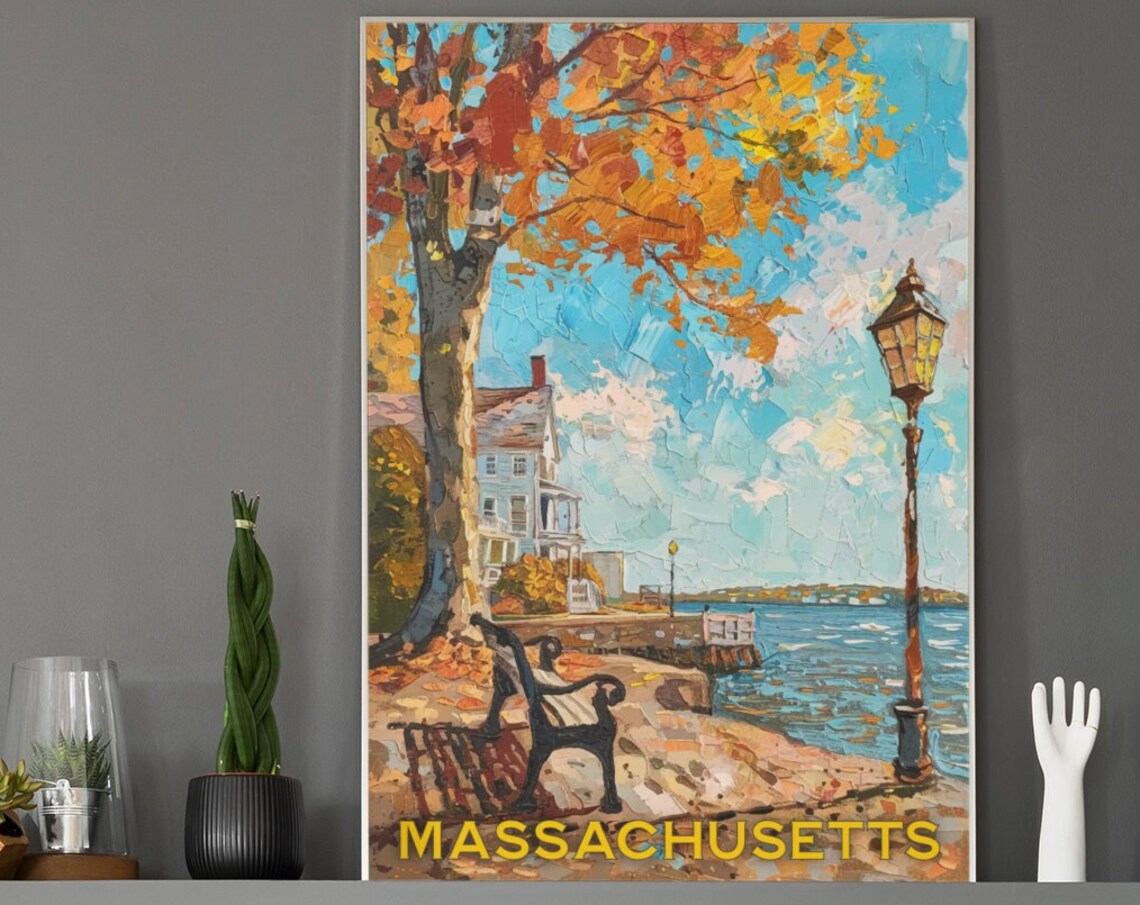 Massachusetts Coastal Autumn Waterfront Bench Watercolor Travel Poster