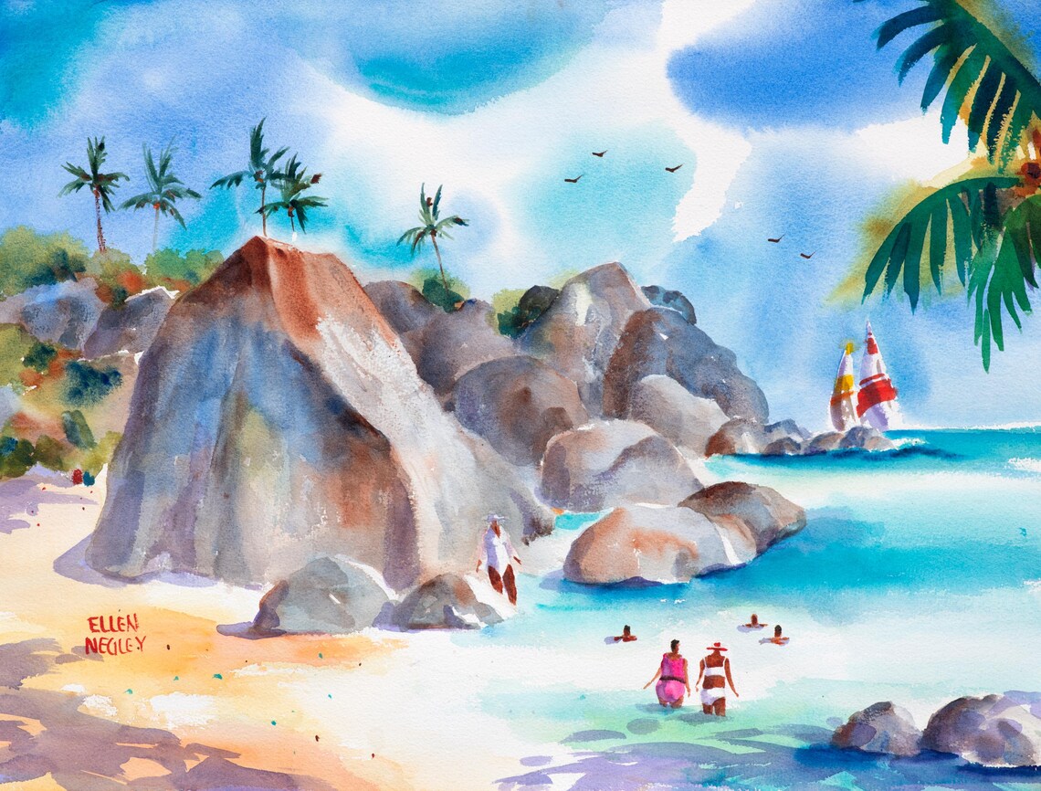 The Baths, British Virgin Islands Watercolor Art Print