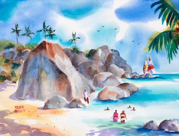 The Baths, British Virgin Islands Watercolor Art Print