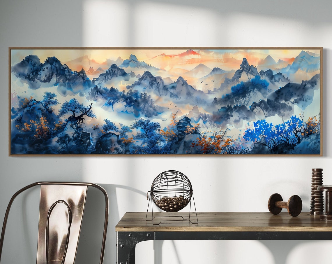 Misty Blue Mountain Peaks Sunrise Ink Wash Panoramic Wall Art