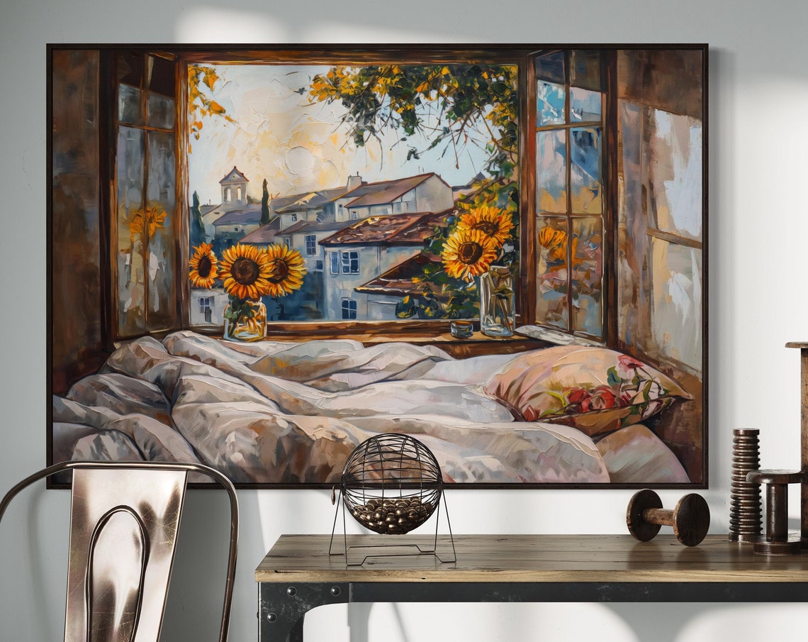 Sunflowers on Windowsill Overlooking Old Village Rooftops View Poster