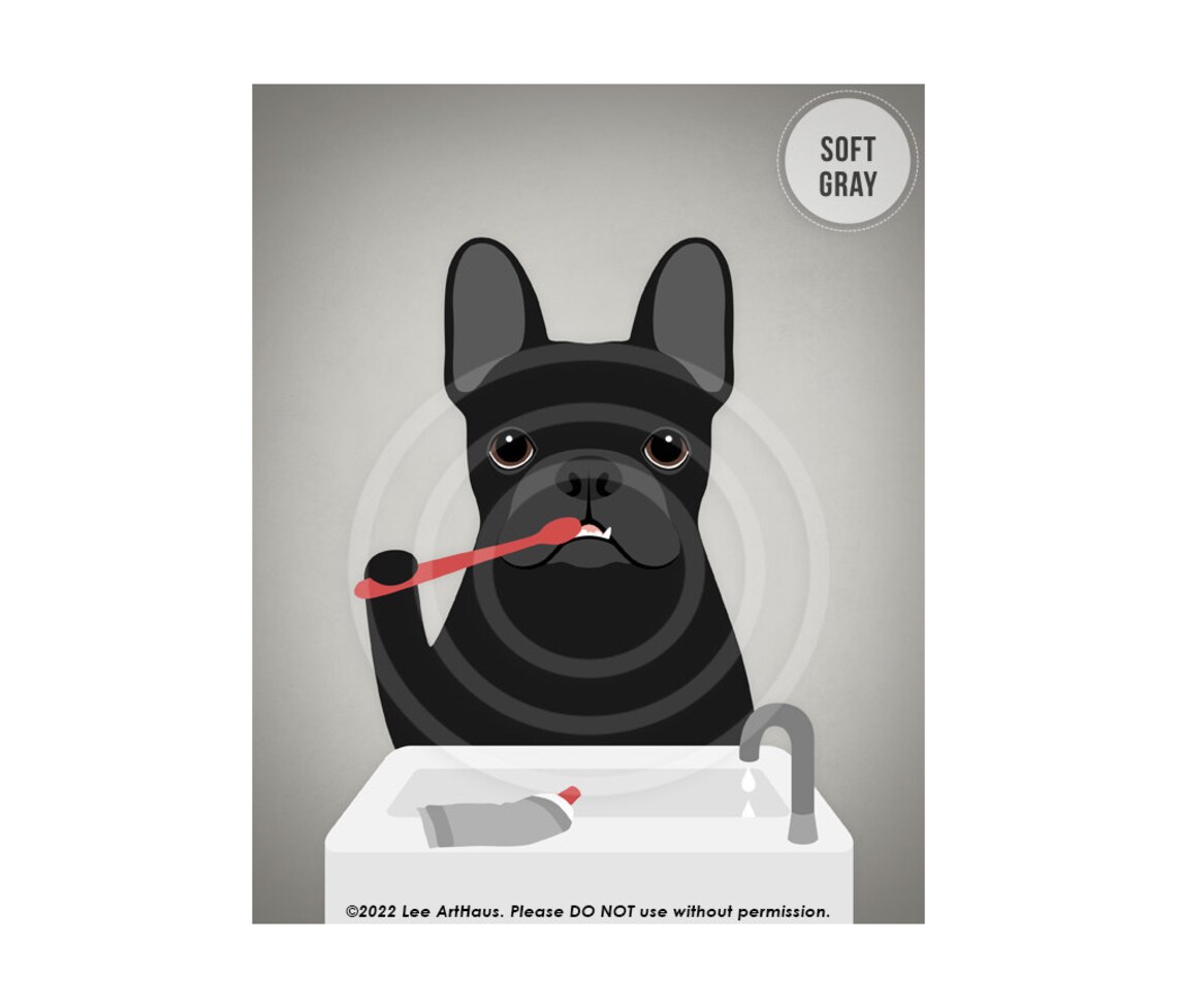 Black French Bulldog Brushing Teeth At Sink Funny Dog Art Poster - Image 3