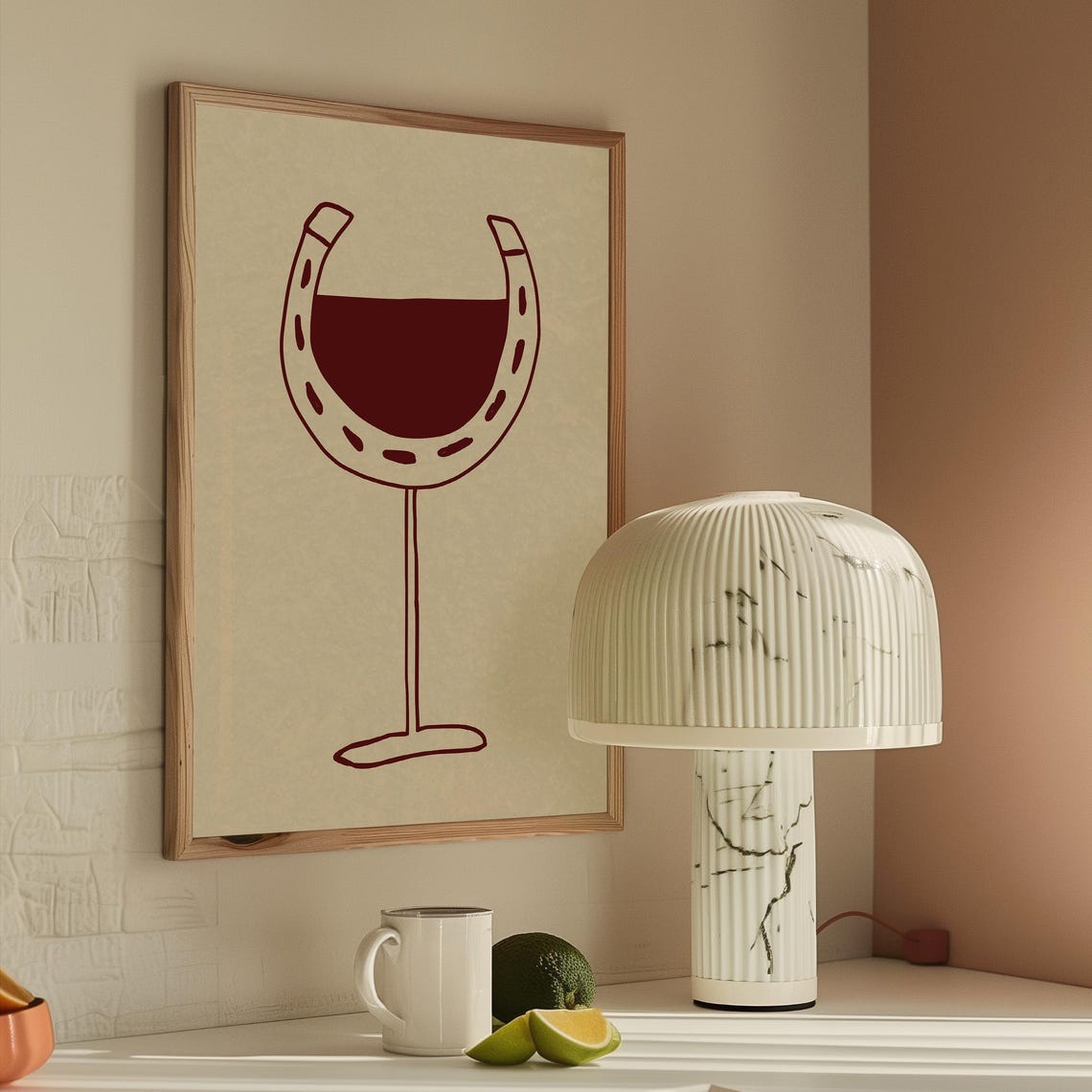Red Wine Glass Horseshoe Line Drawing Minimalist Western Wall Art