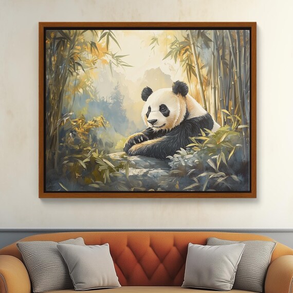 Panda Resting In Bamboo Forest Large Canvas Art Peaceful Wildlife Soft Pastel Oil Painting Print Animal Lover Decor