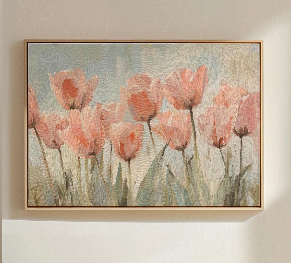 Soft Pink Tulips in an Impressionist Spring Garden Field Poster