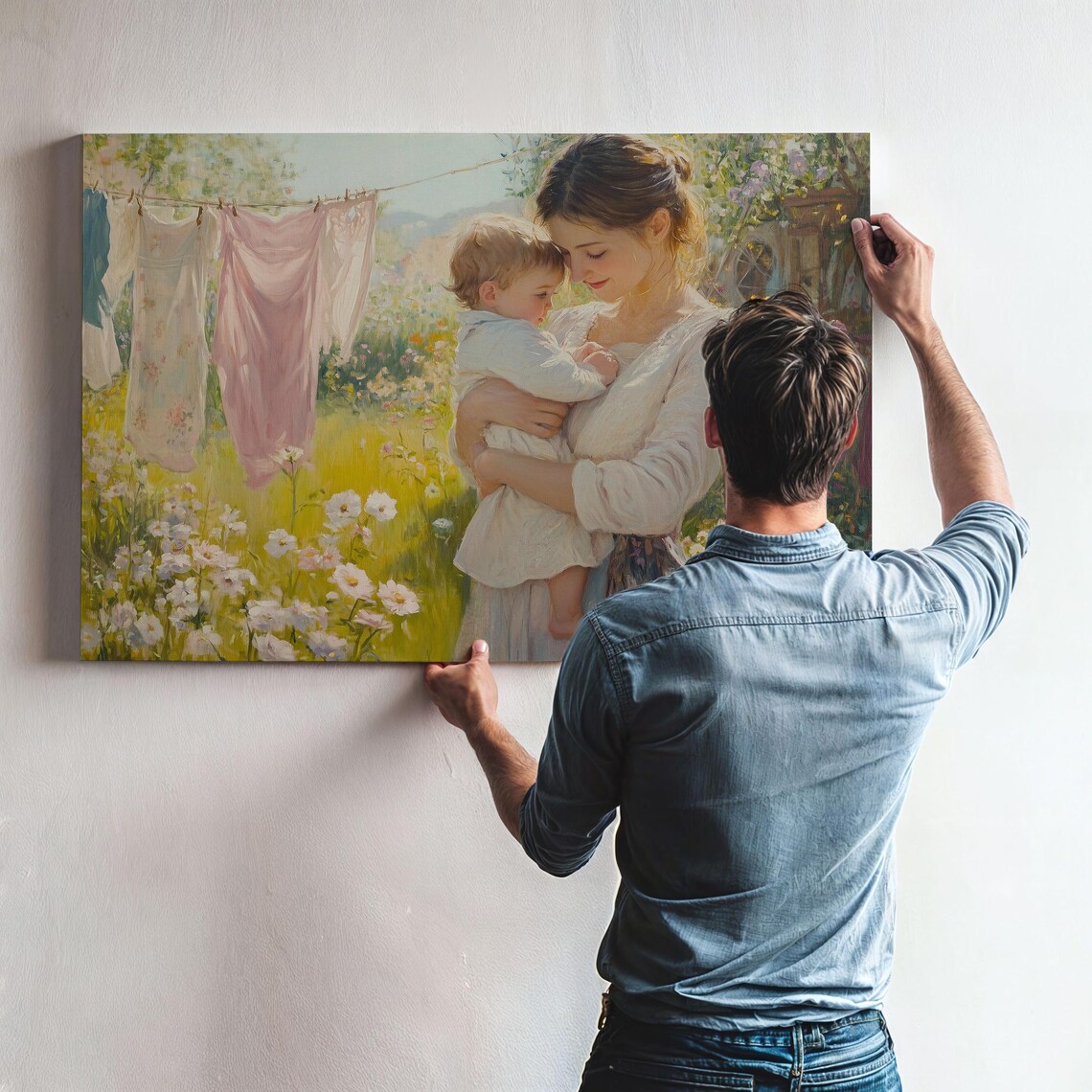 Sunny Mother Holding Baby in Daisy Meadow Vintage Garden Wall Art