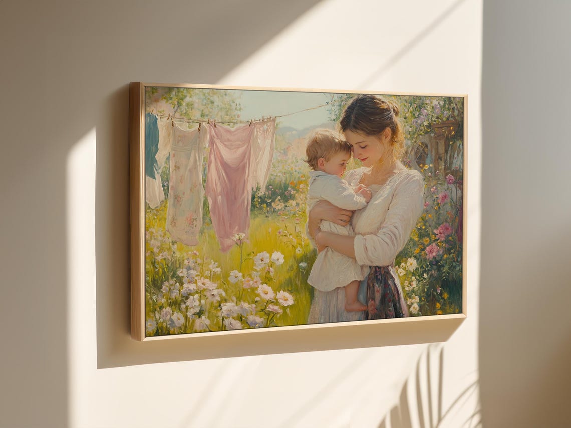 Sunny Mother Holding Baby in Daisy Meadow Vintage Garden Wall Art - Image 2
