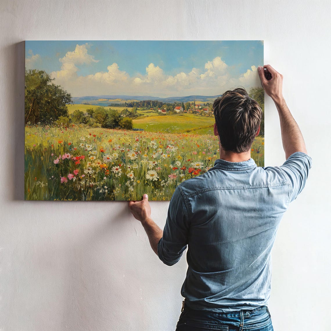 Vintage Wildflower Meadow Overlooking a Distant Village Poster - Image 3