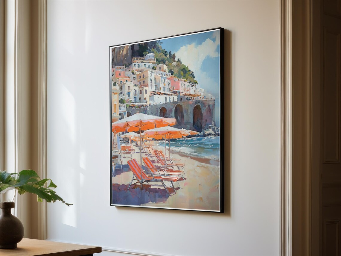 Sunny Italian Coastal Town Beach Painting Orange Umbrellas Wall Art - Image 3