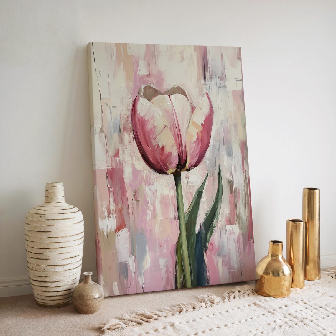 Single Pink Tulip Against a Soft Abstract Floral Background Poster