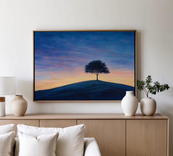 Sunset Tree Wall Art Mountain Hill Wall Decor Countryside Wall Art Nature Painting Art Print Peaceful Scenery Serene Tree Art