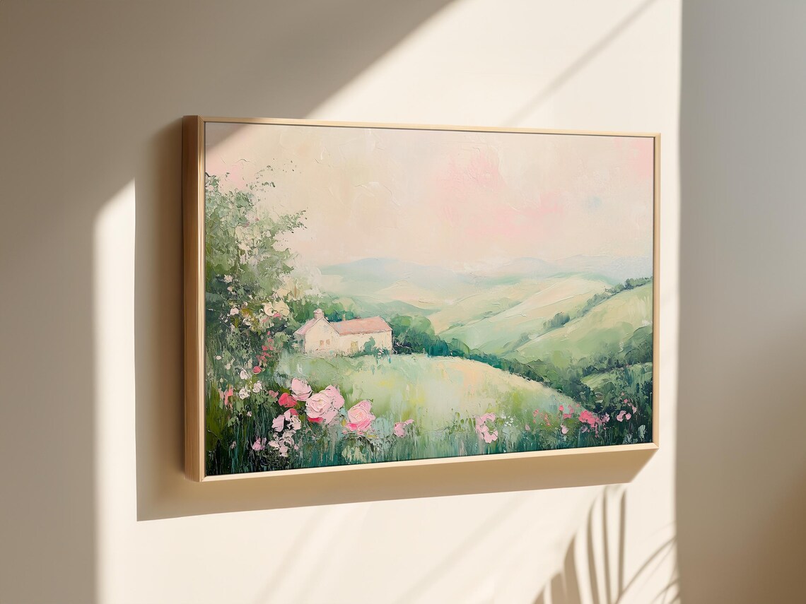 Soft Pastel Farmhouse Nestled in Rolling Green Hills Art Poster - Image 2