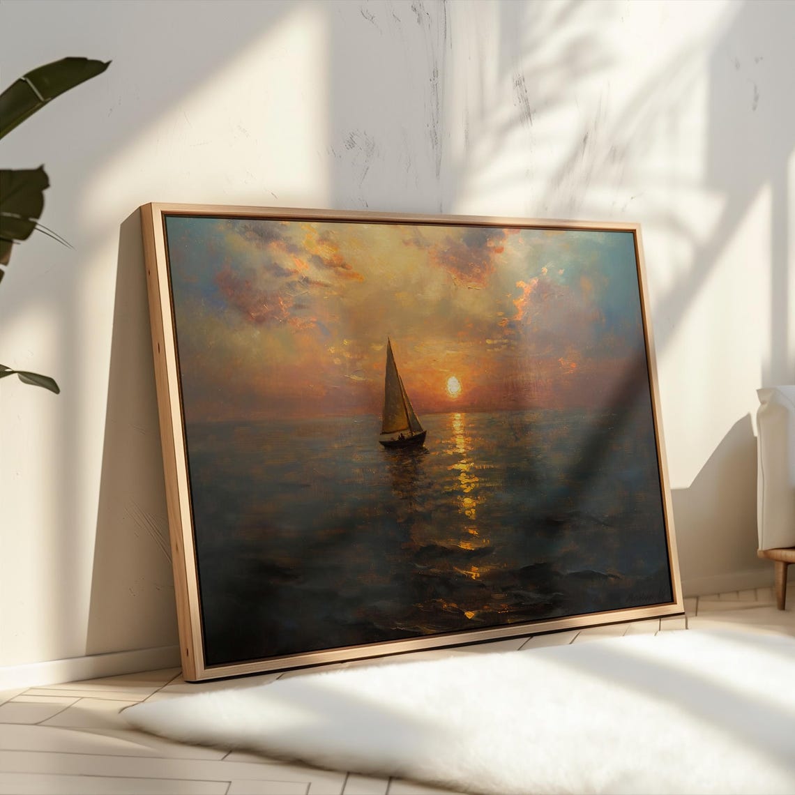 Lone Sailboat at Sunset over Golden Hour Ocean Seascape Wall Art - Image 2
