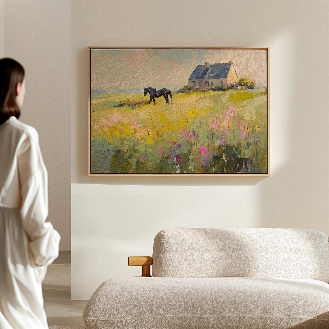 Black Horse by a Stone Cottage in a Sunny Flower Meadow Poster - Image 5