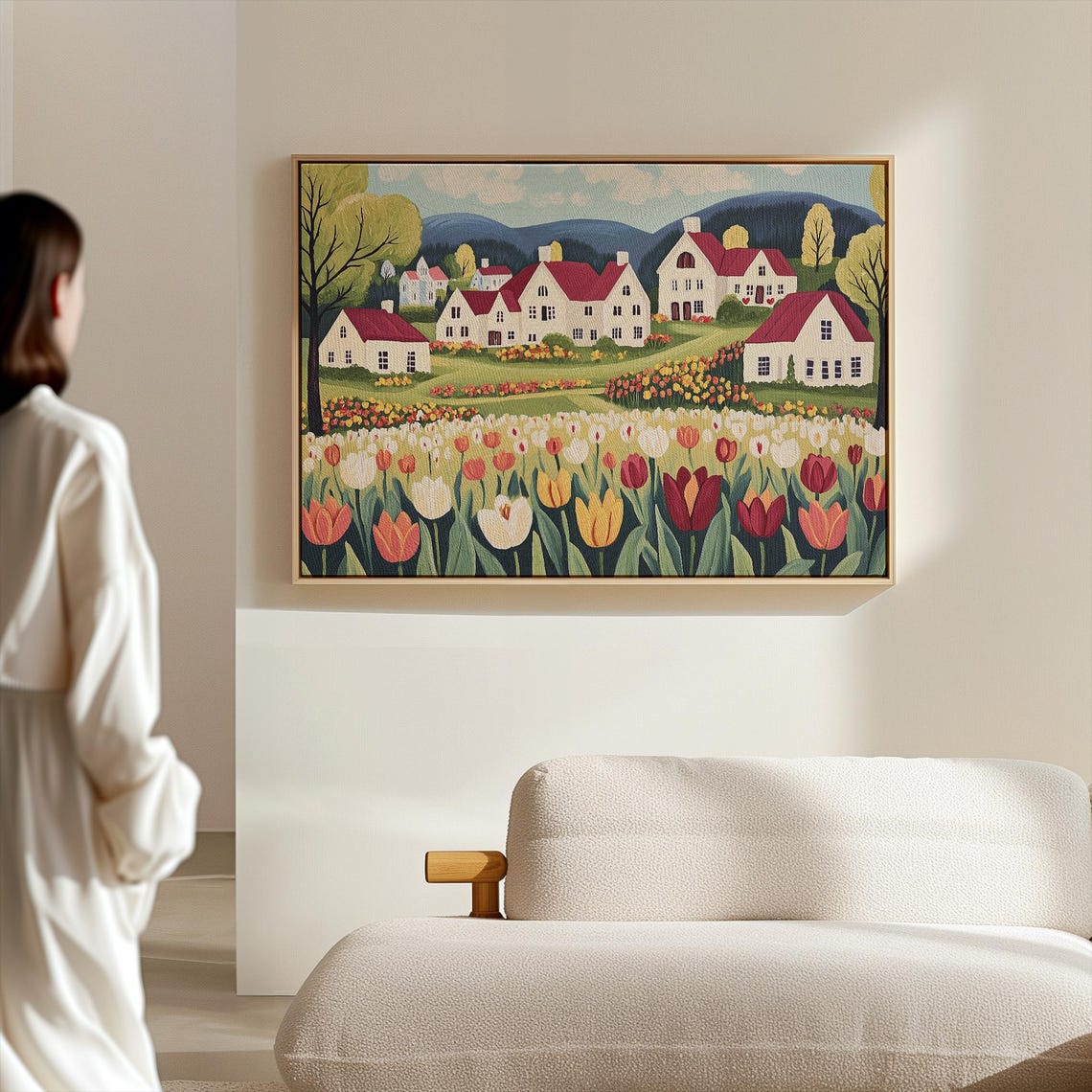 Charming Red-Roofed Village Above a Tulip Field Landscape Poster - Image 4