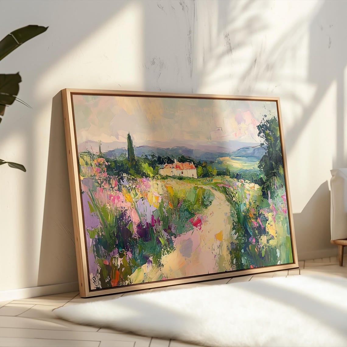 Wildflower Path Leading to a Sunlit Hillside Village Art Poster - Image 3