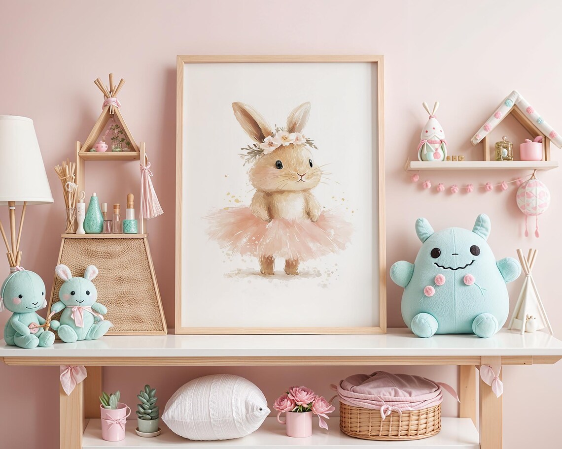Sweet Standing Ballet Bunny Watercolor Nursery Wall Art Pink Tutu