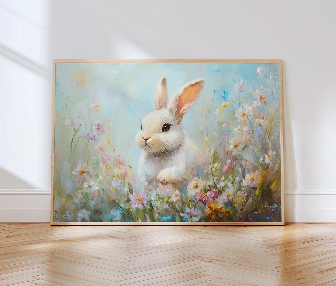 Sweet White Bunny Among Soft Pastel Wildflowers Spring Art Poster - Image 3