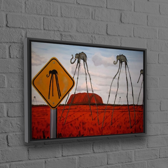 Surreal Long Legged Elephants Red Desert Rock Landscape Poster