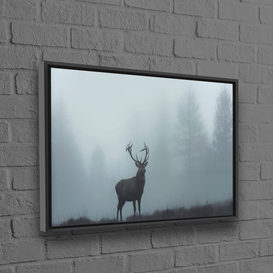 Stag Silhouette In Foggy Forest Moody Wildlife Photography Poster