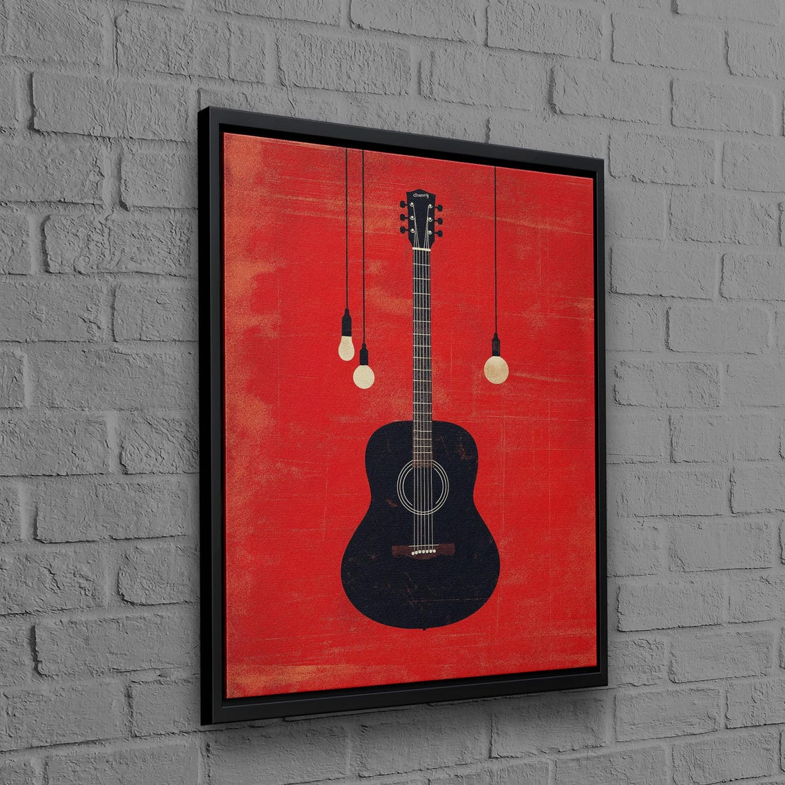 Black Acoustic Guitar Red Wall Hanging Light Bulbs Music Poster