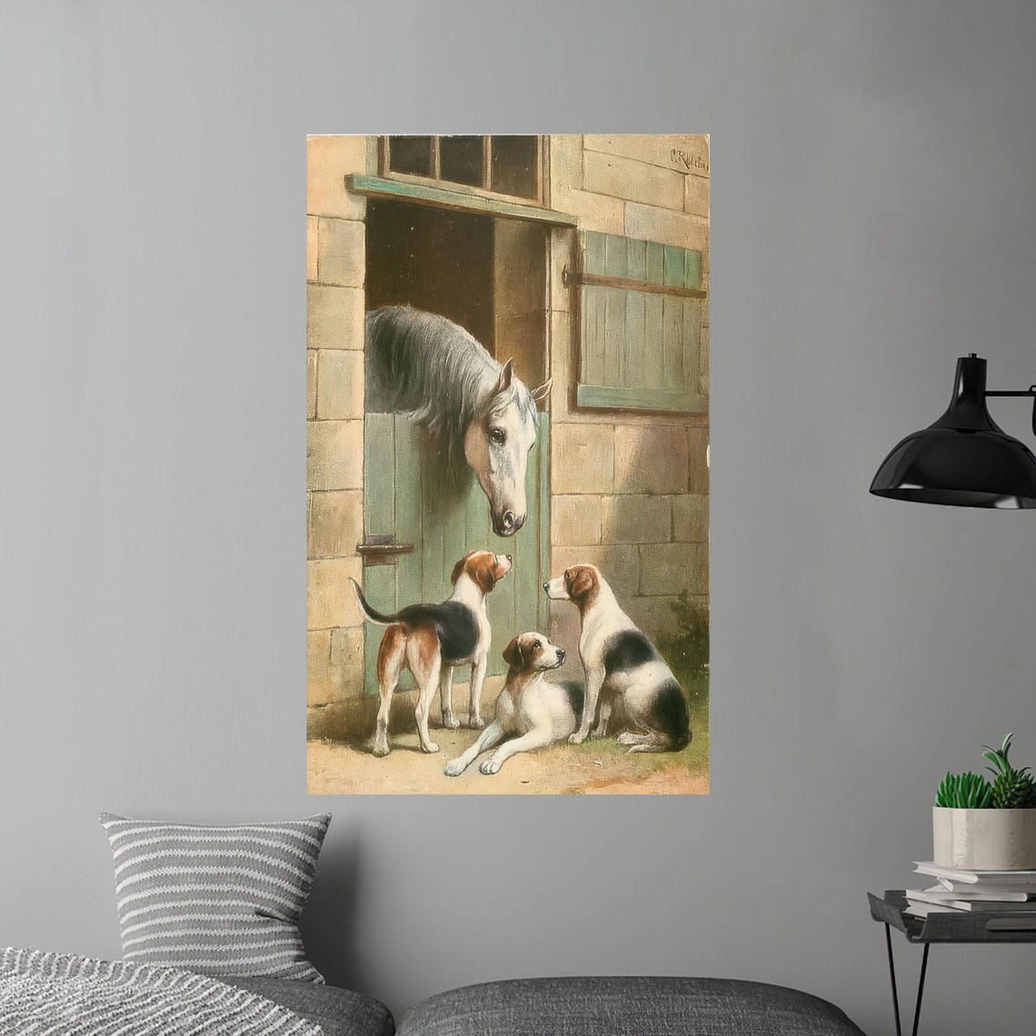 Grey Horse and Hounds Stable Door Vintage Equestrian Farm Print