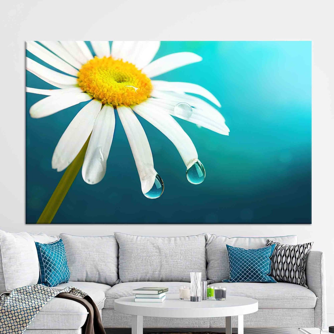 White Daisy with Water Drops Macro Turquoise Floral Art Poster