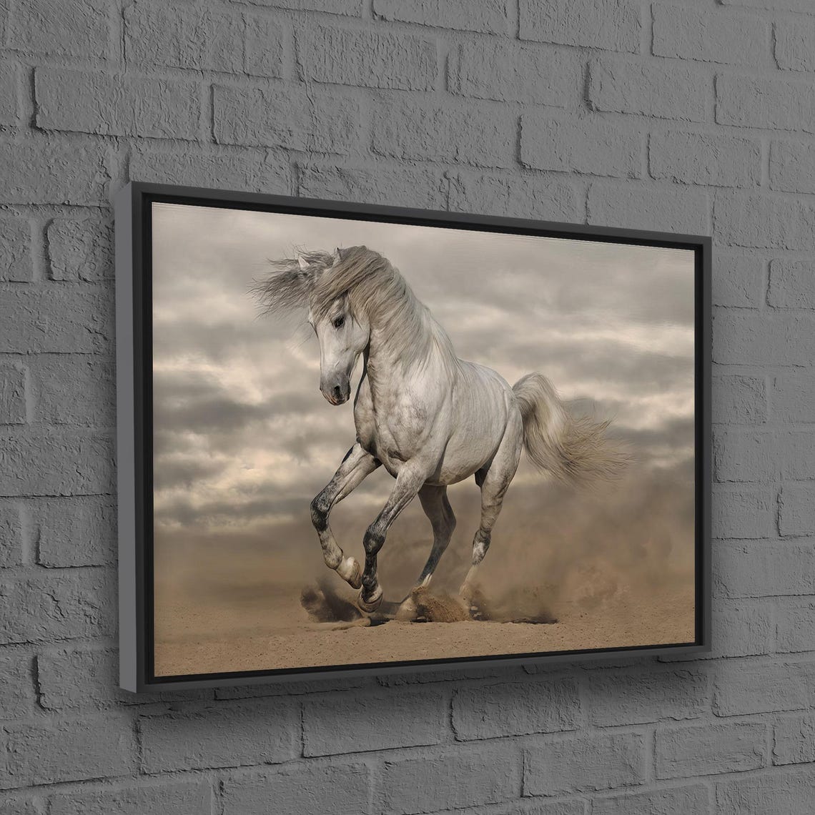 White Horse Galloping Desert Storm Dramatic Equine Art Poster
