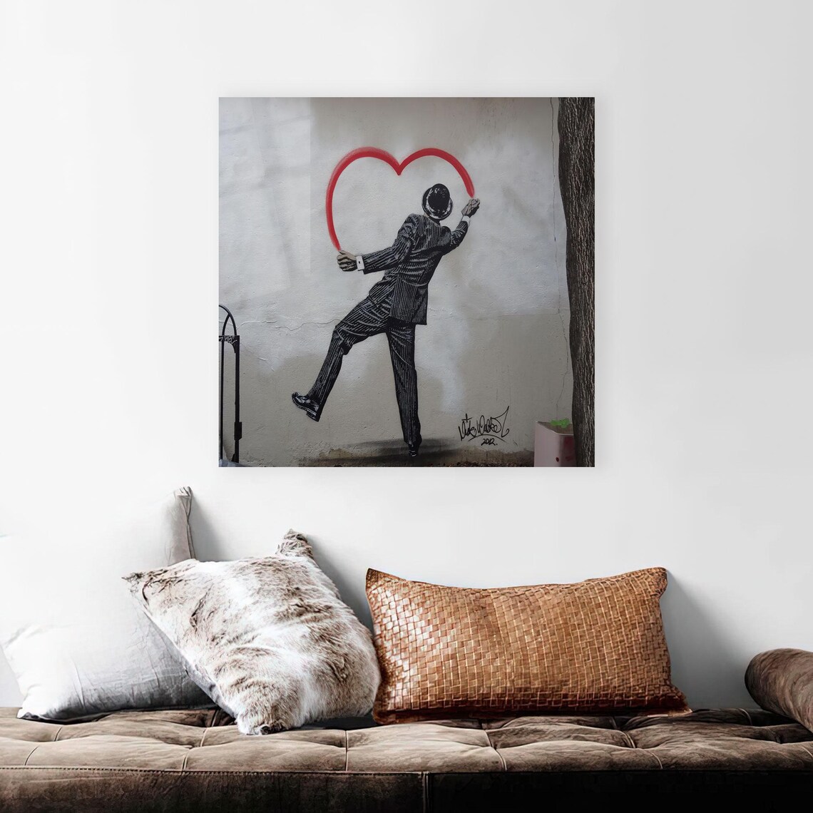 Lonely Man Painting Red Heart on City Wall Urban Street Art Print