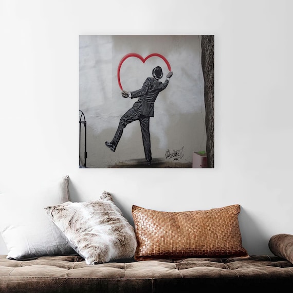 Lonely Man Painting Red Heart on City Wall Urban Street Art Print