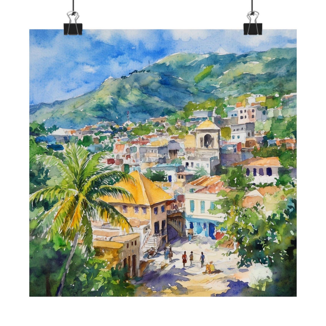 Portauprince Painting Haiti Wall Art Watercolor Print Colorful Houses Tropical Cityscape Decor Caribbean Travel Poster Gift