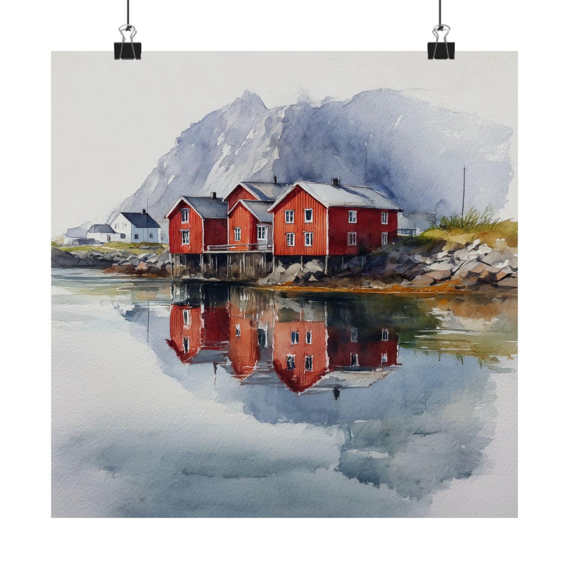 Lofoten Norway Red Cabins Mirrored In Fjord Watercolor Poster